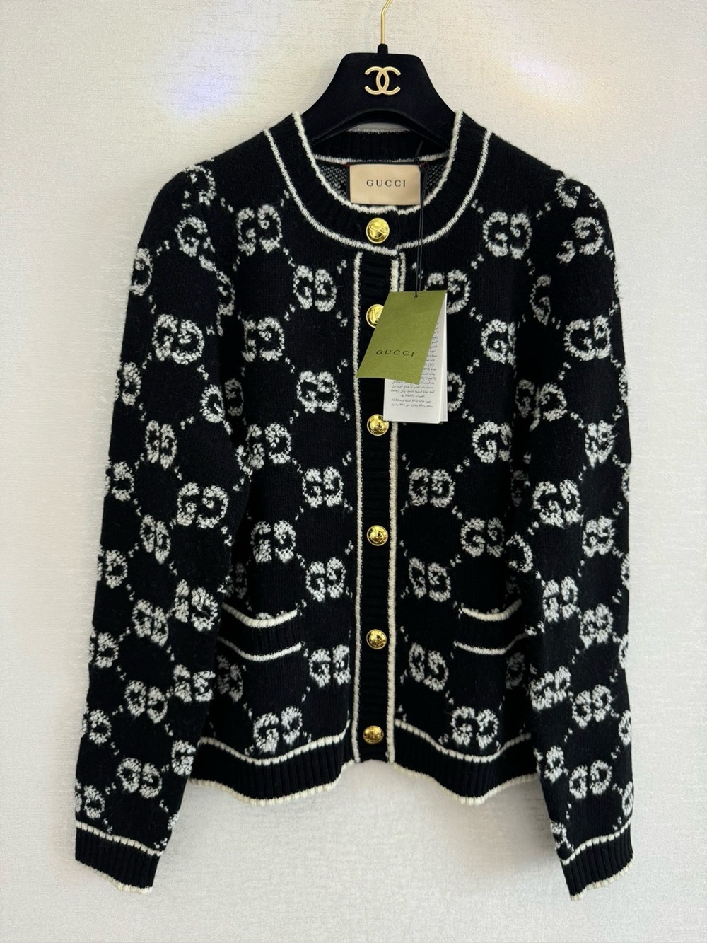 Gucci Black GG Monogram Jacquard Knit Cardigan Gold Buttons